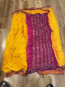 Vintage Old Indian Woman Used Yellow Pink Border Sari Dress - Picture 1 of 7