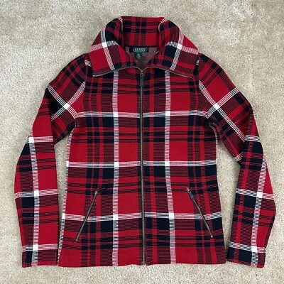 Suéter Lauren Ralph Lauren Pequeño Rojo Negro Tartán Cuadros Cremallera Completa Cárdigan Foto 1 de 4