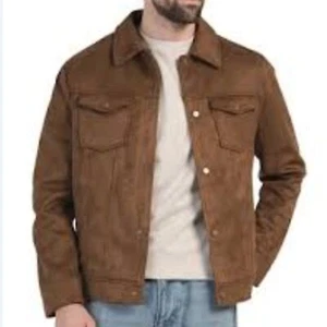Mango MNG Mens Faux Suede Trucker Jacket Brown Sz Large Comfy Casaul Street NWT - Picture 1 of 12