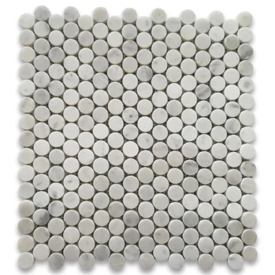 C93XH Carrara White Penny Round Mosaic Carrera Marble Tile Honed 3/4" - Image 1 of 4