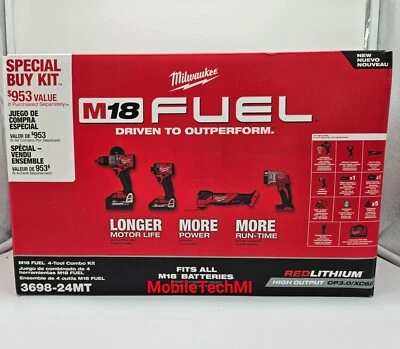 Milwaukee 3698-24MT M18 FUEL 4-Tool Combo Kit, Hammer, Impact, Multi-Tool, Light - Image 1 of 2