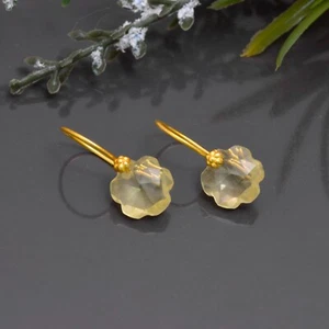 Lemon quartz 10 mm flower- 22k Gold Dangle earrings for women valentine gift - Picture 1 of 6