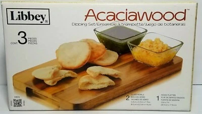 Libbey Acaciawood 3 Pc Dipping Set 1 Acsciawood Platter 2 Glass Bowls Brand New  - Image 1 of 4