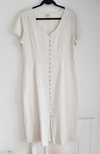 OFF WHITE Abito jacquard vintage Woolworths bianco sporco taglia UK 18 con bottoni