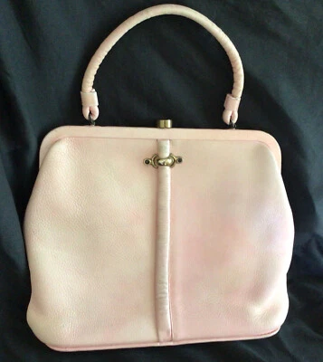 Bolso de mano/cartera vintage de cuero granulado rosa pálido sable años 60 con forro de mezclilla Foto 1 de 4