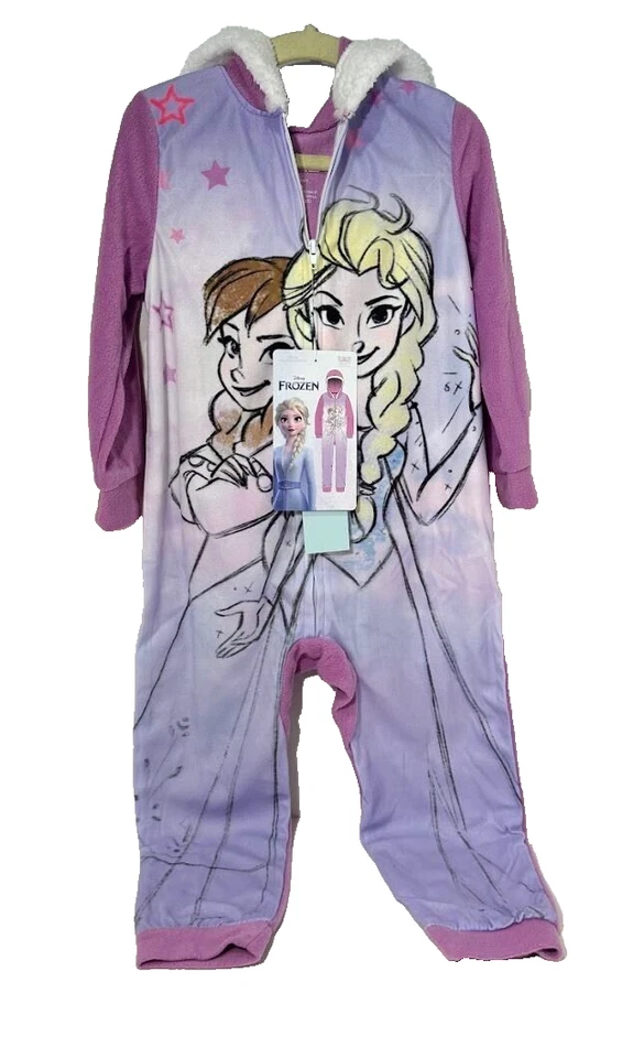 Girls Disney Frozen One Piece Zip Up Pajamas with Hood - Size 4 -