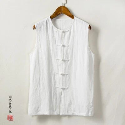New Men Chinese Cotton Linen Sleeveless T-Shirt Retro Disc Button Relaxed Vest - Image 1 of 4