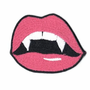 Pink Vampire Girl Lips Emoji Embroidered Iron on Patch - Picture 1 of 1