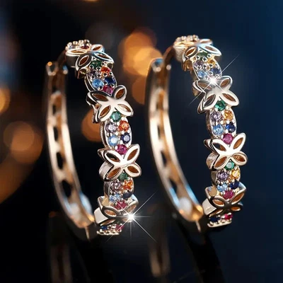 Creolen Damen Goldfarben 🌸 Blumen Design Regenbogen Zirkonia Ohrringe Elegant - Bild 1 von 4