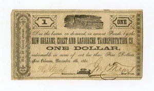 1861 1 $ The New Orleans, Coast and Lafourche Transportation Co - LOUISIANA Note  - Bild 1 von 2