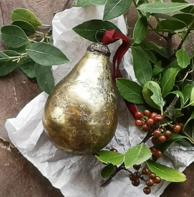 Vintage Antique Gold Glass Pear Bauble Hanging Decoration with Velvet Ribbon - Image 1 of 4