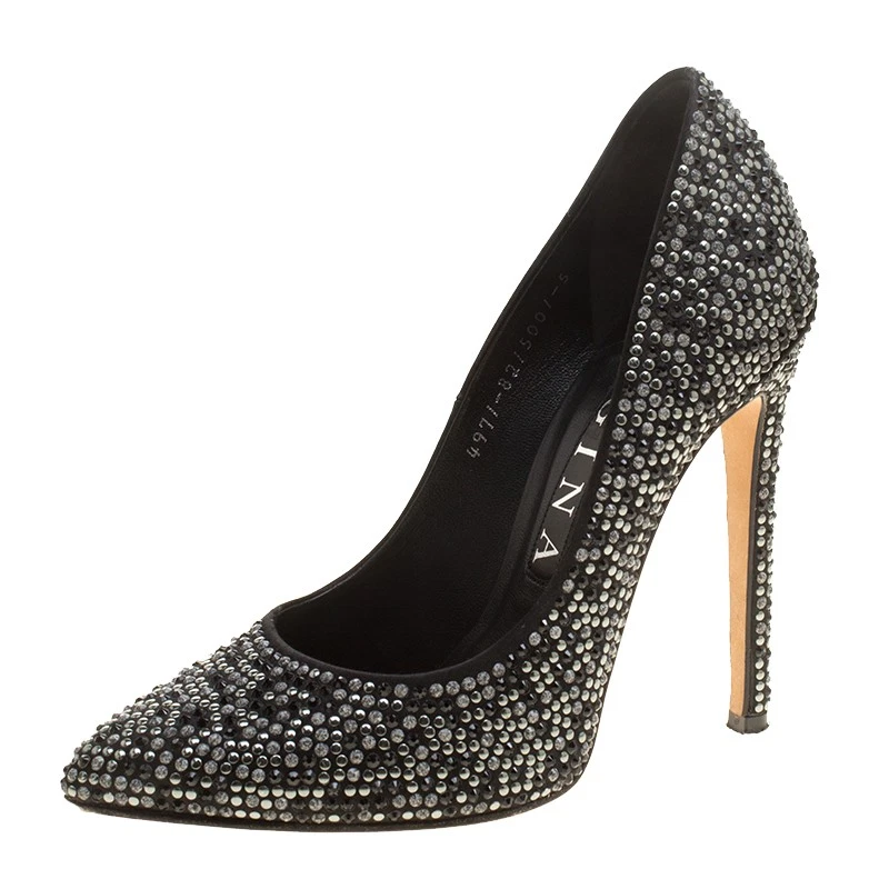 Gina Black Satin Anais Crystal Embellished Pumps Size 38 - Image 1 of 4