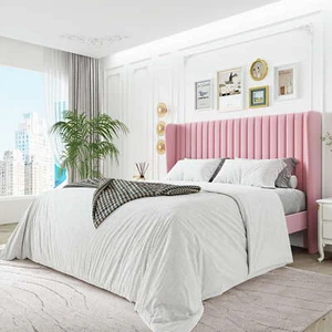 Queen Size Upholstered Platform Bed Frame with Velvet Channel Wingback Headboard - Picture 1 of 12