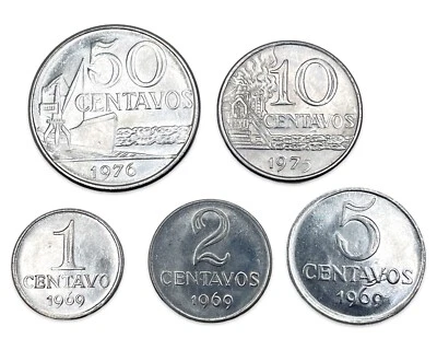 Lot of 5 Brazil Centavos Coins - 1969, 1975 & 1976 - AU/BU - Combined Ship - Image 1 of 2
