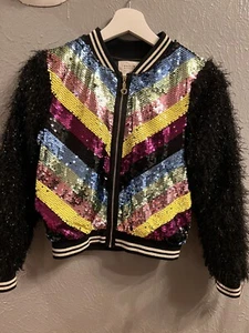 HANNAH BANANA By Sara Sara Sequin Embellished Bomber Jacket Fuzzy Sleeve 12 - Picture 1 of 9