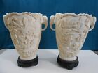 Pair Ivory Color Japanese Resin Hand Carved Relief Vase Elephant Handles Asian