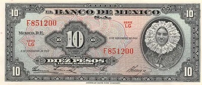 México  10  Pesos  8.11.1961  Series  LG  Prefix F  Circulated Banknote JKF - Image 1 of 2