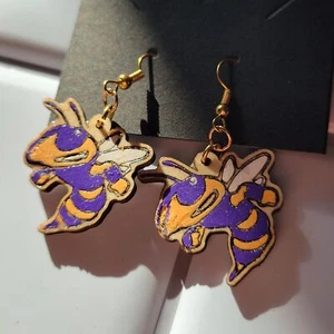 Handmade wood earrings Yellow Jackets Purple & Yellow (2) - Picture 1 of 3