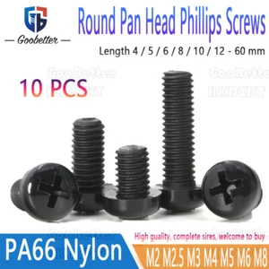 Black Nylon Plastic Round Pan Head Phillips Screws M2 M2.5 M3 M4 M5 M6 M8 PA66 - Picture 1 of 8