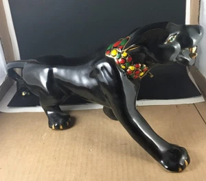 Vintage MCM 50s Ceramic Black Panther Bejeweled Green HTF Large Hunting EUC Cat - Picture 1 of 12
