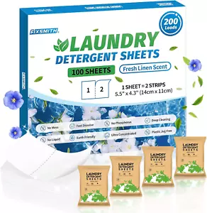 FIXSMITH Laundry Detergent Sheets - 200 Loads (100 Sheets) Fresh Linen Scent - H - Picture 1 of 12