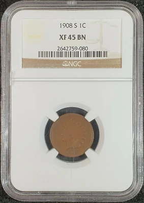 1908-S Indian Head Cent NGC XF45 BN 26482759-080 Exquisite Coin Rare - Image 1 of 4