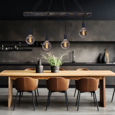 GLOBO Pendelleuchte Hängeleuchte Hängelampe Esstischleuchte 4 flammig Holz schwarz E27