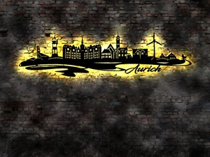 LED Wandbild Holz Skyline Stadt Aurich Hotel   Silhouette Aufkleber Sticker - Bild 1 von 4