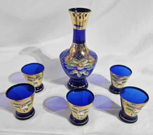 Arnart 5th Avenue hand-painted Sake 6pc set cobalt blue & gold designs - Picture 1 of 15