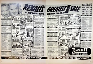 1949 Rexall Drug Store 2-Page Print Ad 1940s Medical Remedies Chemical First Aid - Picture 1 of 3