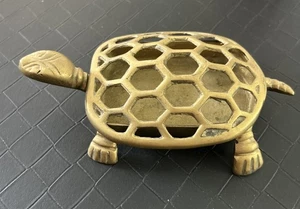 Vintage Brass Turtle Trinket Dish With She’ll Top Made In Korea 6” Long - Picture 1 of 8