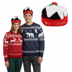 Lustige Weihnachtspuddingmütze mit Stechpalme | Neuheit Xmas Beanie für Erwachsene - Bild 1 von 41