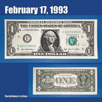 February 17, 1993 Birthday Anniversary $1 One Dollar Bill Serial Number 02171993 - Image 1 of 2