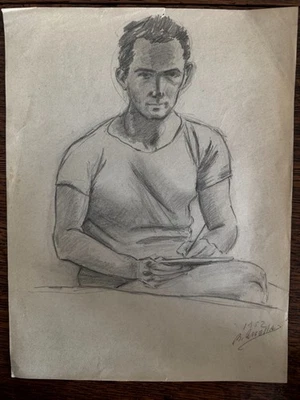 Lápiz de dibujo vintage de hombre de los años 50 autorretrato gay int 8,5 x 11 Foto 1 de 4