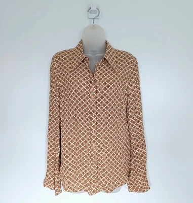 Superdry Shirt Size 12 Ladies Brown Beige Chiffon Blouse Geometric Print Retro - Image 1 of 4