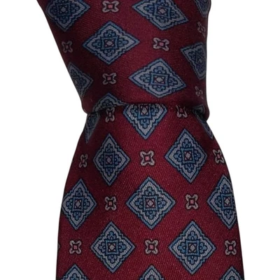 Vintage Tom James Silk Necktie Men's Burgundy Turquoise Geometric Designer Tie - Image 1 of 3