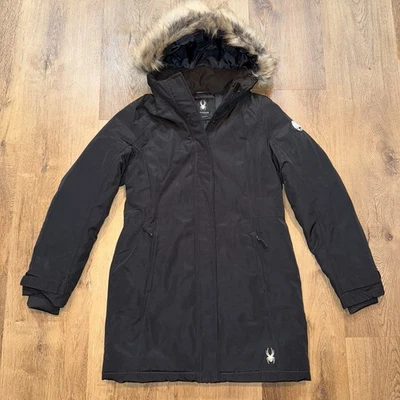Chaqueta parka Spyder Explorer para mujer abrigo ribete de piel trinchera negra pequeña Foto 1 de 4