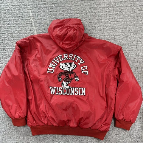 Wisconsin Badgers Jacket Extra Large Red Full Zip Hooded Vintage Heavy Mens Cover