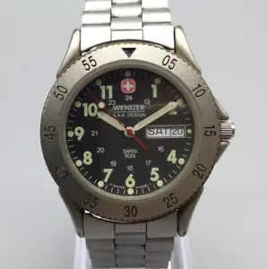 Wenger SAK Watch Men 38mm Black Dial Day Date Swiss Made New Battery 6.75" - Picture 1 of 14