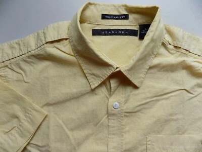 SEAN JOHN Button Front Shirt Size LARGE  Cotton YELLOW Mini Checks SS - Image 1 of 4