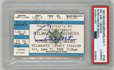 1999 BREWERS Paul Molitor signed ticket Jersey #4 Retirement PSA AUTO Mint - Image 1 of 2