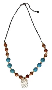 925 Silver Hammered Charm on a Brown and Turquoise Beaded Necklace - Picture 1 of 13
