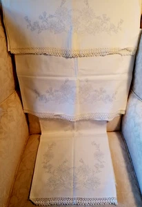Vtg Linen Pillowcases (2) & Dresser Scarf w/Stamped Floral Pattern- Matching Set - Picture 1 of 15