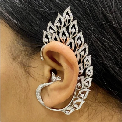 Moda Chapado en Oro Blanco Pavo Real Oreja Puño Sin Piercing Circonita Circonita Plata Pendiente Joyería Foto 1 de 4