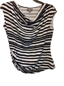 Roz & Ali Top  Petite Medium Black White Stripe Draped Neck Shirt Sleeveless - Picture 1 of 12