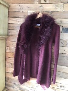 Y2K Deep Berry Faux Fur Collar Cosy Cardigan Small Afghan Penny Lane Style 6 🖤