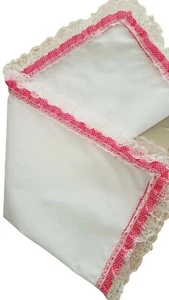 Handmade White Baby Sheet with Cerise and White Lace Edge. 70cmx54cm - Picture 1 of 5