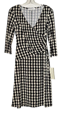 Evan Picone Houndstooth Black and Ivory Ruche Faux Wrap Stretch Dress Size 4 NWT - Image 1 of 4