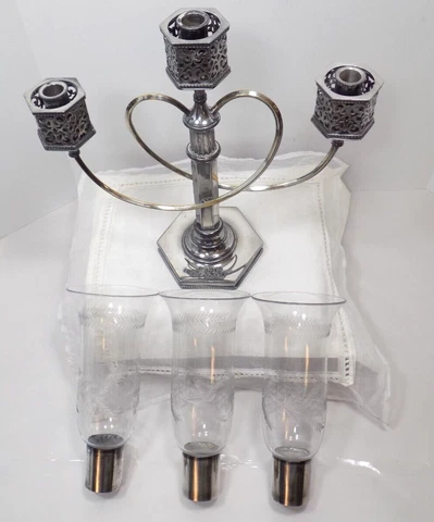 Antique Silver Plate Heart Shaped Candelabra Cut Crystal Chimneys Reed & Barton Cover