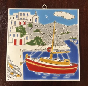 VTG Ceramic Tile Ship Boat Ocean Scene Wall Art Handmade Made In Greece 6in - Picture 1 of 7